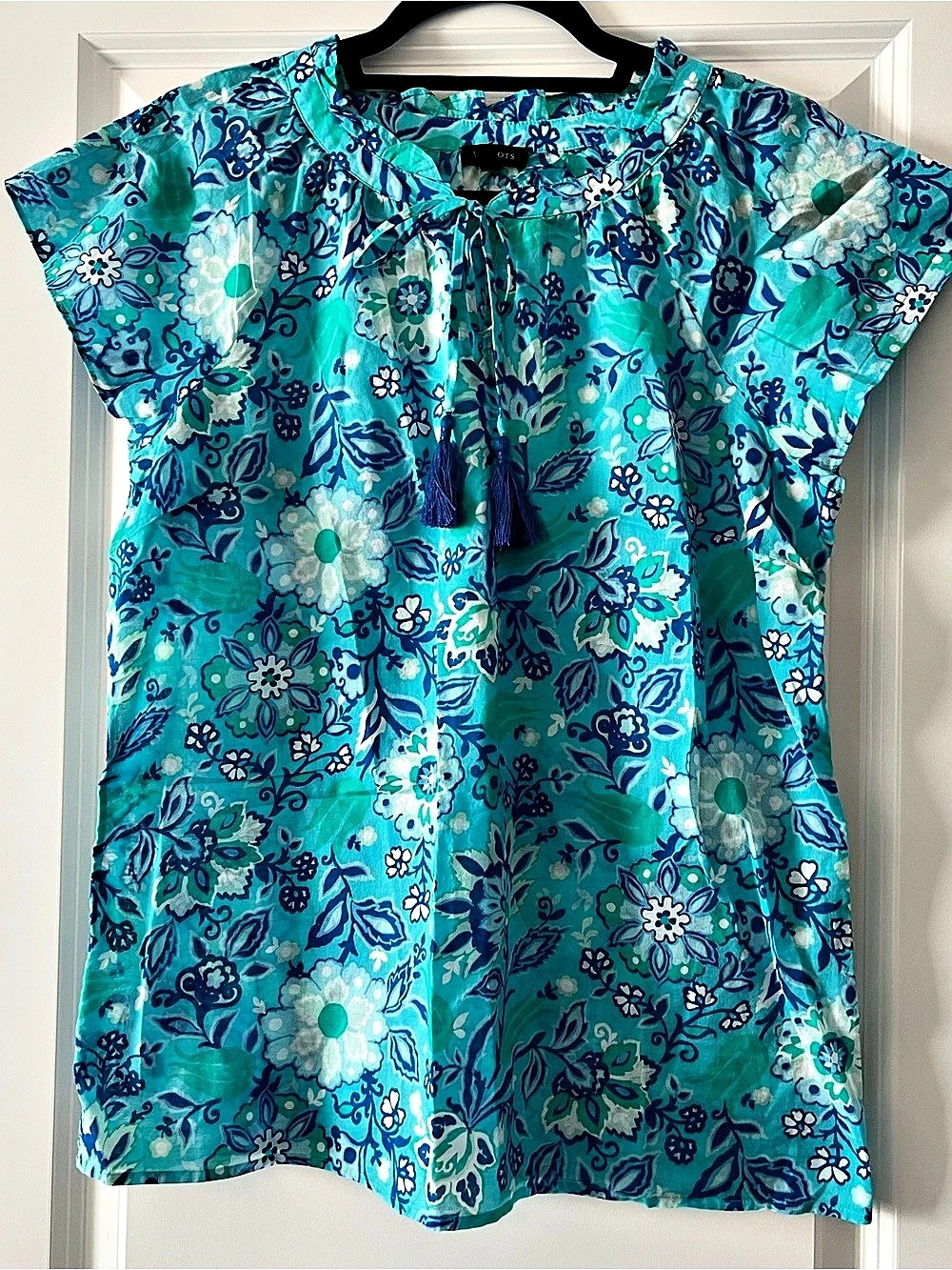 Talbots Floral Tie Neck Cotton Blouse Blue Green NWOT